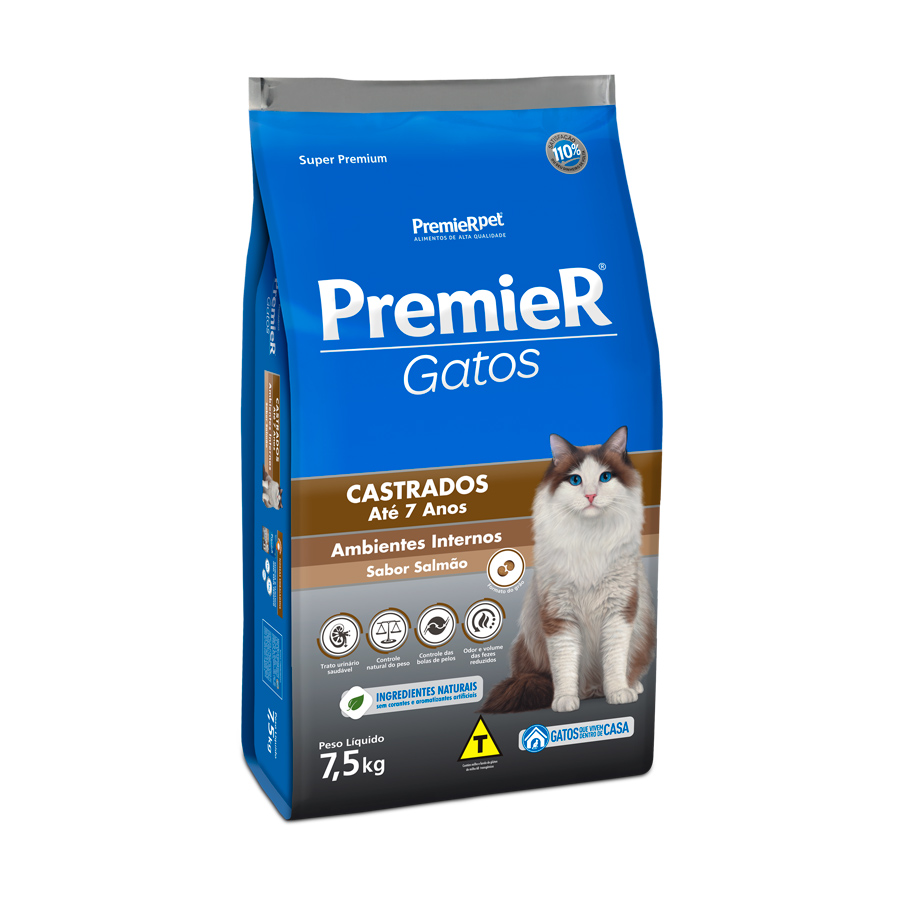 Ração Premier Ambientes Internos para Gatos Adultos Castrados até 7 Anos Sabor Salmão Menor preço em Ração Premier Ambientes Internos para Gatos Adultos Castrados até 7 Anos Sabor Salmão